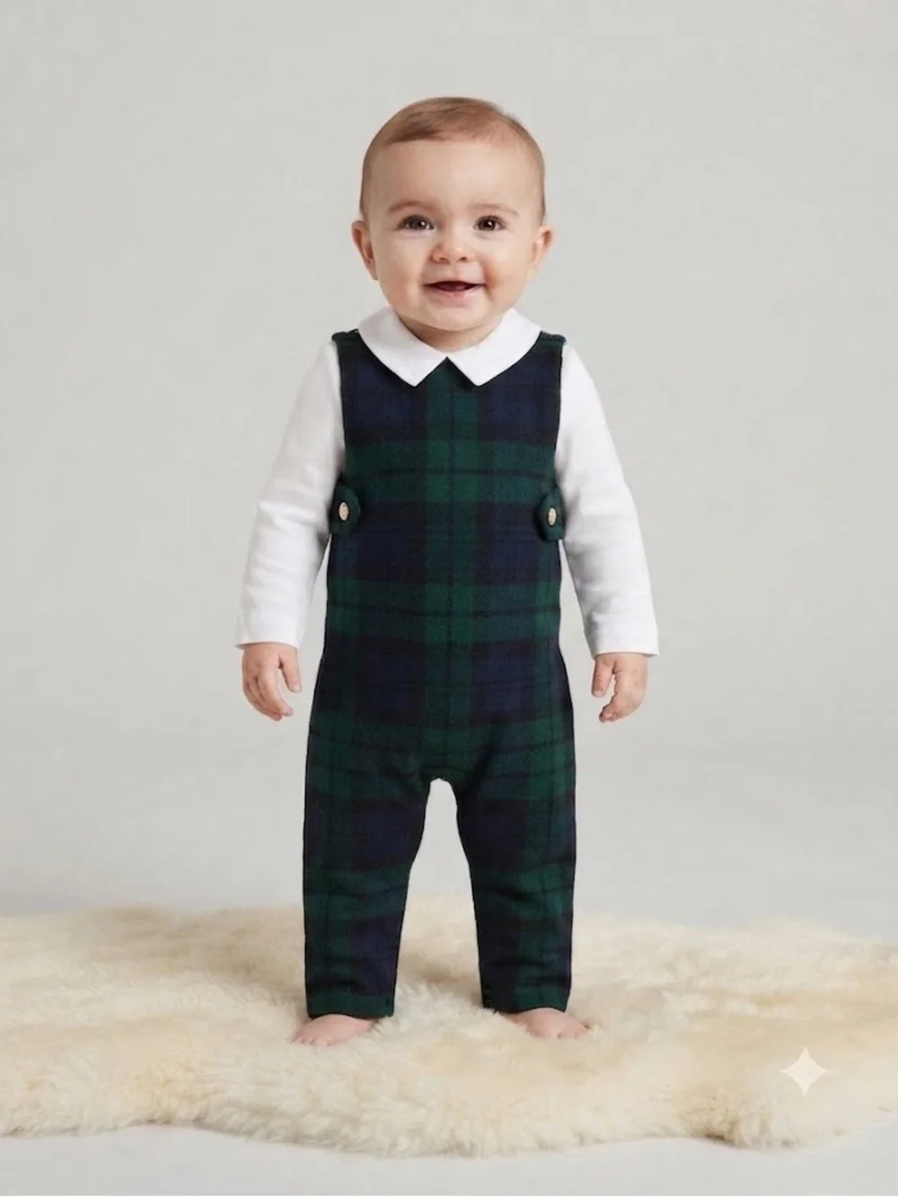Ralph Lauren Wool Green and Navy Plaid Infant Romper with White Collared Shirt